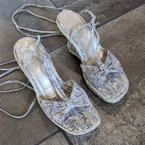 Stuart Weitzman Metallic Snake Skin Wedge Espadrille Tie Up Sandals